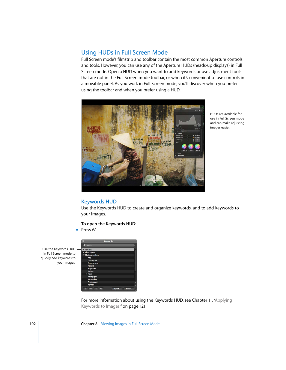 Using huds in full screen mode, Keywords hud | Apple Aperture Getting Started User Manual | Page 102 / 222