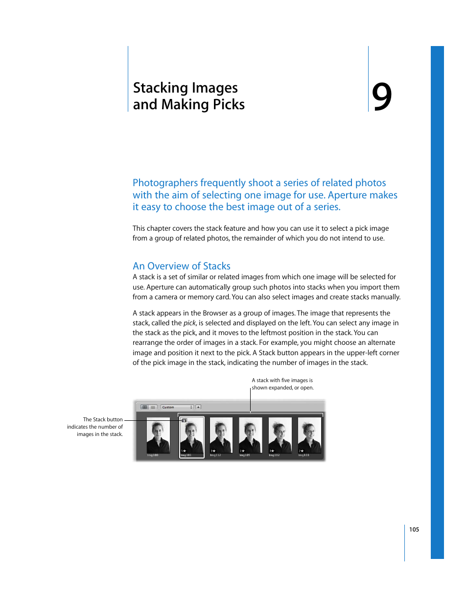 Stacking images andmakingpicks, An overview of stacks, Chapter 9 | Stacking images and making picks, See chapter 9, Stacking images, And making picks | Apple Aperture Getting Started User Manual | Page 105 / 222