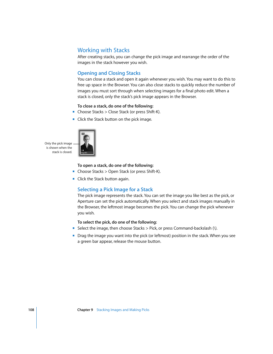 Working with stacks, Opening and closing stacks, Selecting a pick image for a stack | Apple Aperture Getting Started User Manual | Page 108 / 222