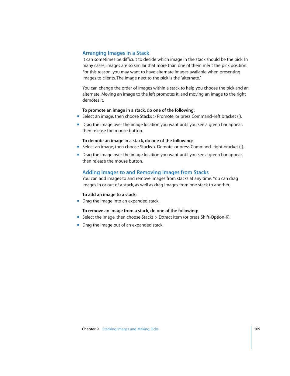 Arranging images in a stack, Adding images to and removing images from stacks | Apple Aperture Getting Started User Manual | Page 109 / 222