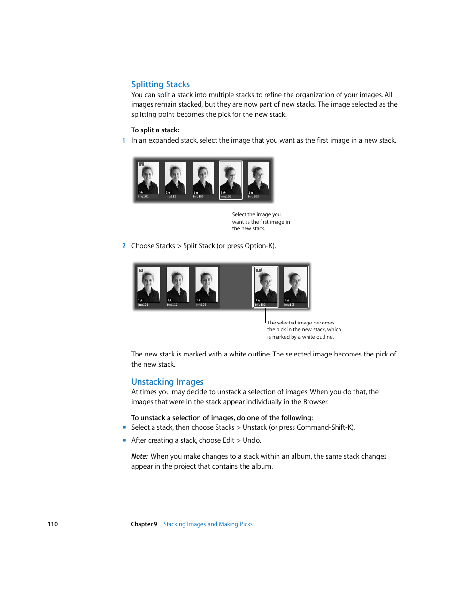 Splitting stacks, Unstacking images | Apple Aperture Getting Started User Manual | Page 110 / 222