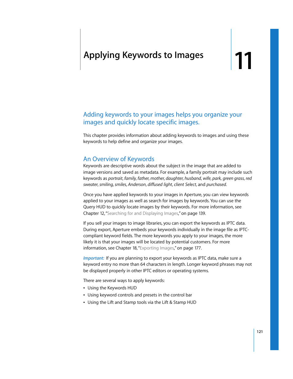Applying keywords to images, An overview of keywords, Chapter 11 | See chapter 11, Applying, Keywords to images | Apple Aperture Getting Started User Manual | Page 121 / 222
