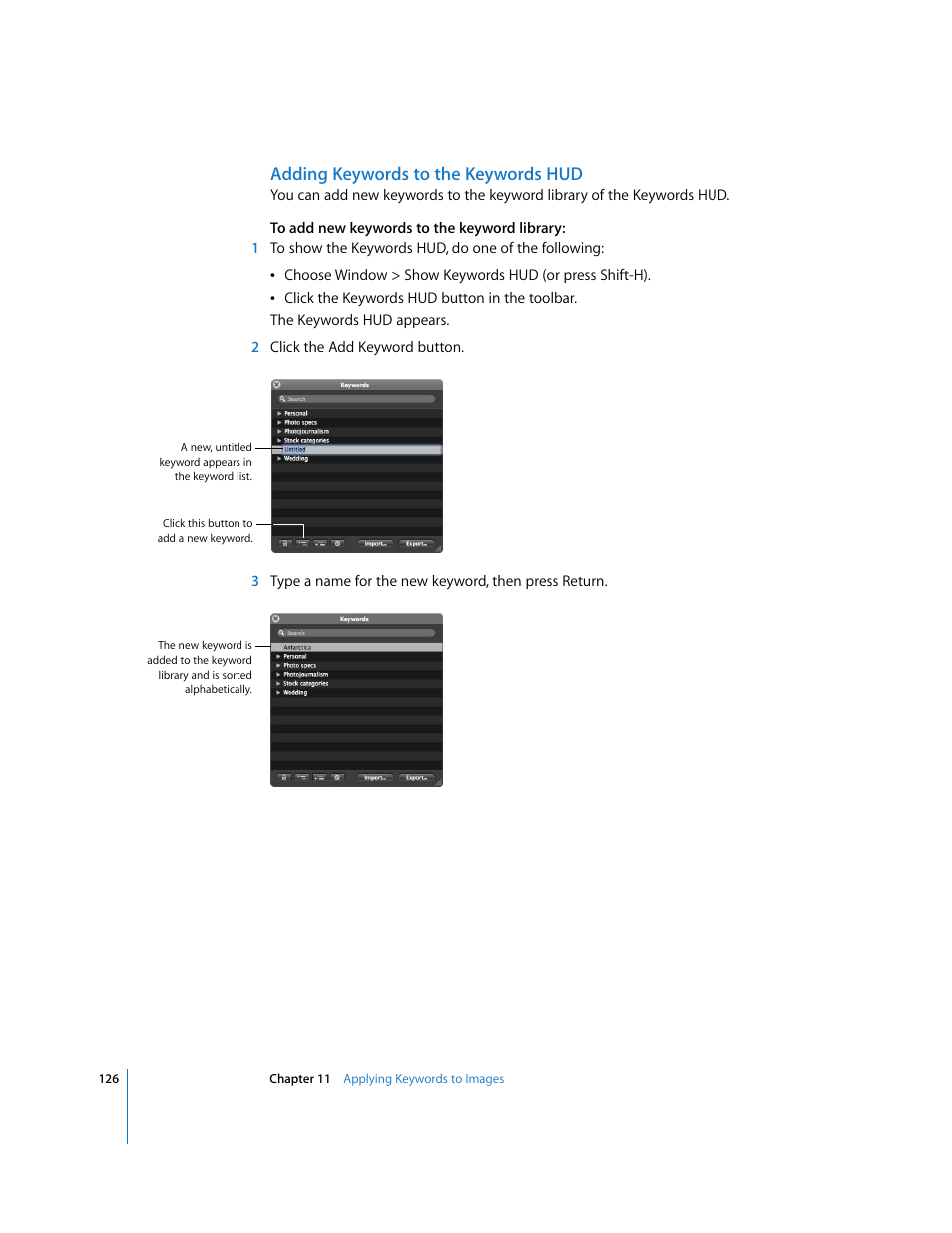 Adding keywords to the keywords hud | Apple Aperture Getting Started User Manual | Page 126 / 222