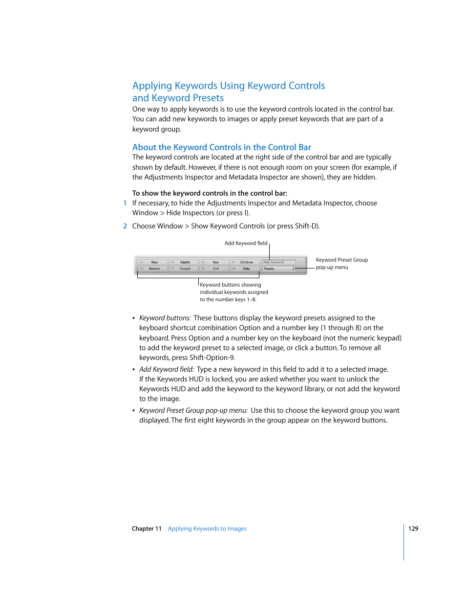 About the keyword controls in the control bar | Apple Aperture Getting Started User Manual | Page 129 / 222