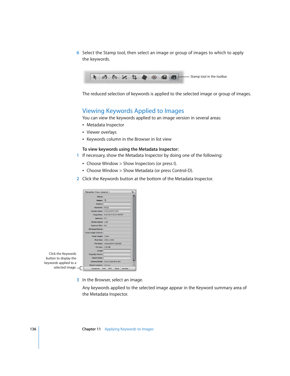 Viewing keywords applied to images, Viewing keywords, Applied to images | Apple Aperture Getting Started User Manual | Page 136 / 222