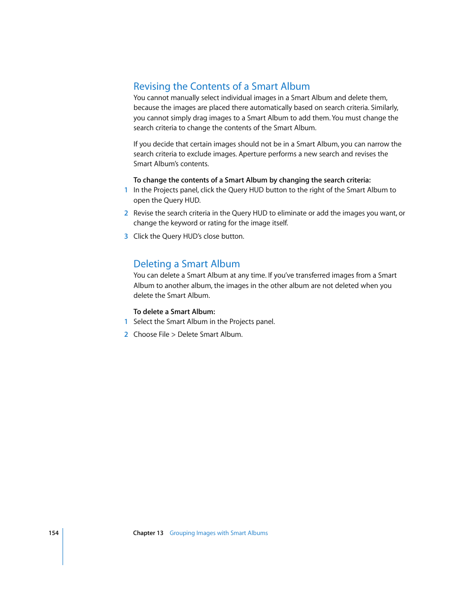 Revising the contents of a smart album, Deleting a smart album | Apple Aperture Getting Started User Manual | Page 154 / 222