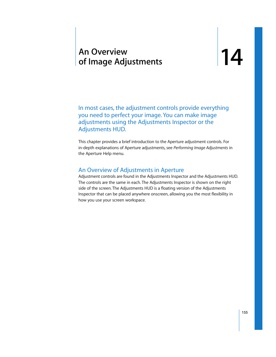 An overview ofimageadjustments, An overview of adjustments in aperture, Chapter 14 | An overview of image adjustments, See chapter 14, An overview, Of image adjustments | Apple Aperture Getting Started User Manual | Page 155 / 222