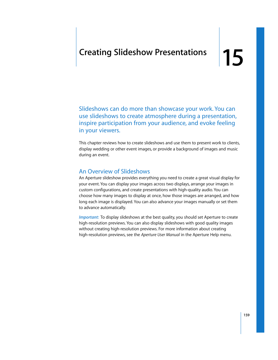 Creating slideshow presentations, An overview of slideshows, Chapter 15 | Apple Aperture Getting Started User Manual | Page 159 / 222