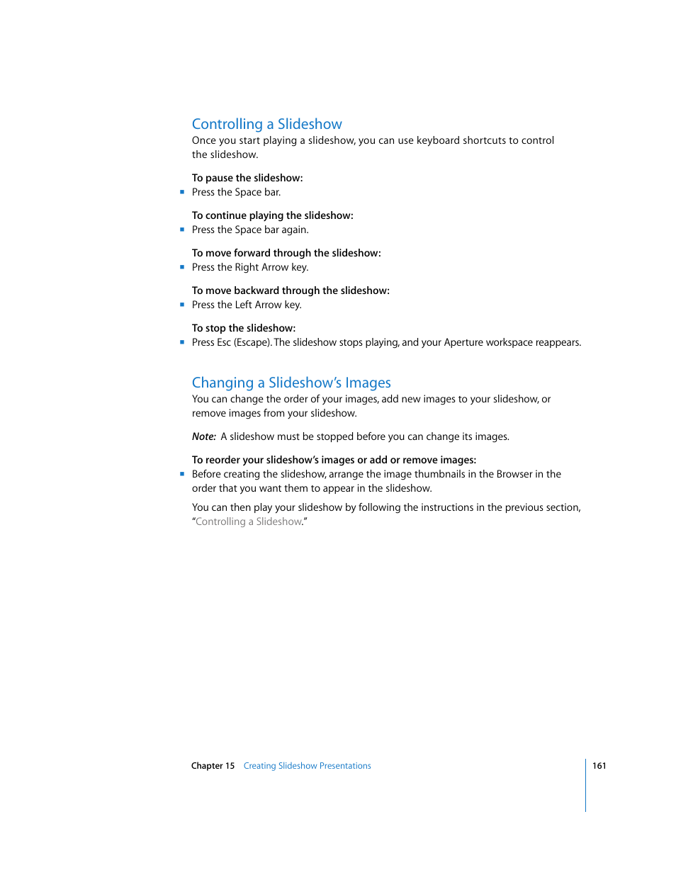 Controlling a slideshow, Changing a slideshow’s images | Apple Aperture Getting Started User Manual | Page 161 / 222