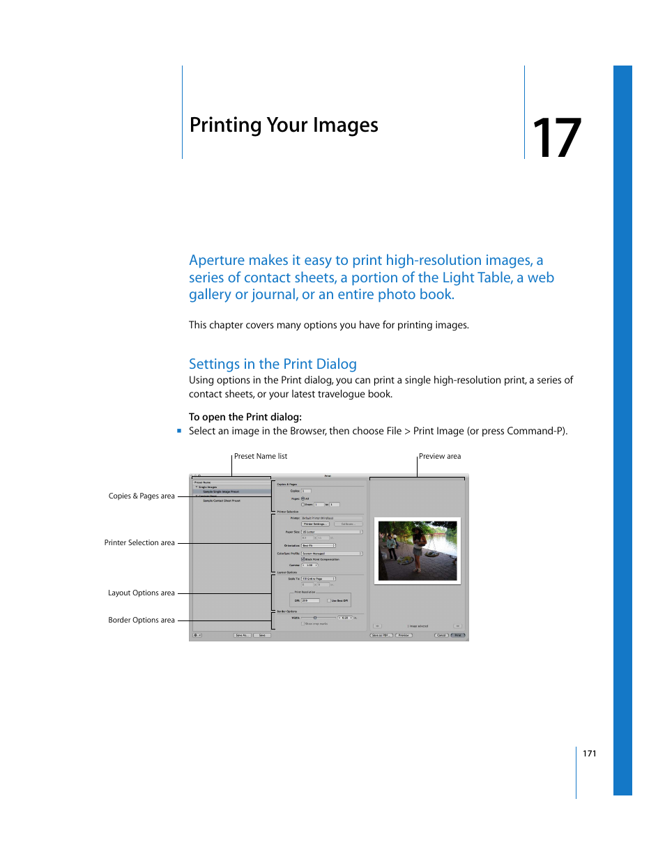 Printing your images, Settings in the print dialog, Chapter 17 | Apple Aperture Getting Started User Manual | Page 171 / 222