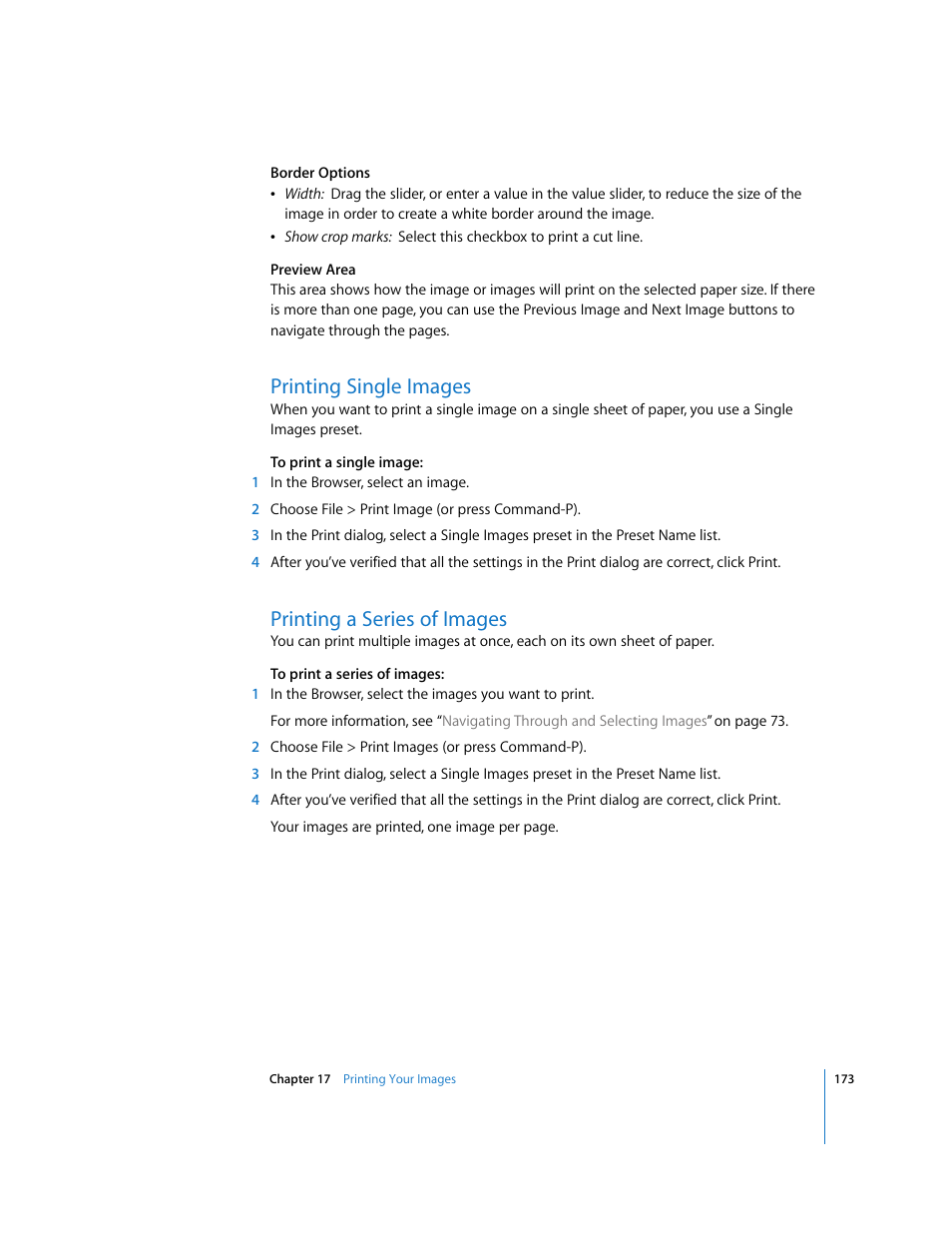 Printing single images, Printing a series of images | Apple Aperture Getting Started User Manual | Page 173 / 222