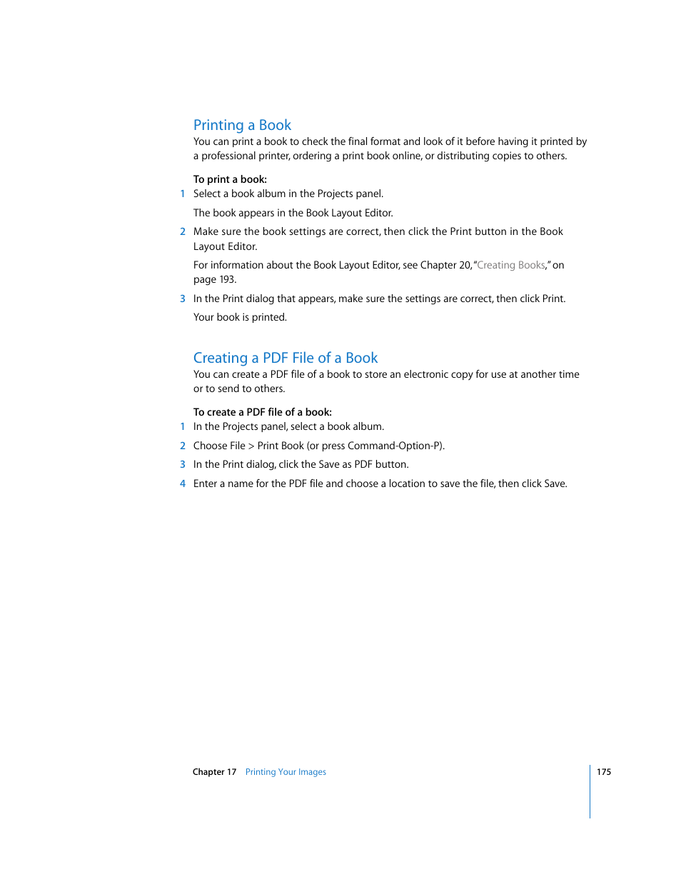 Printing a book, Creating a pdf file of a book | Apple Aperture Getting Started User Manual | Page 175 / 222