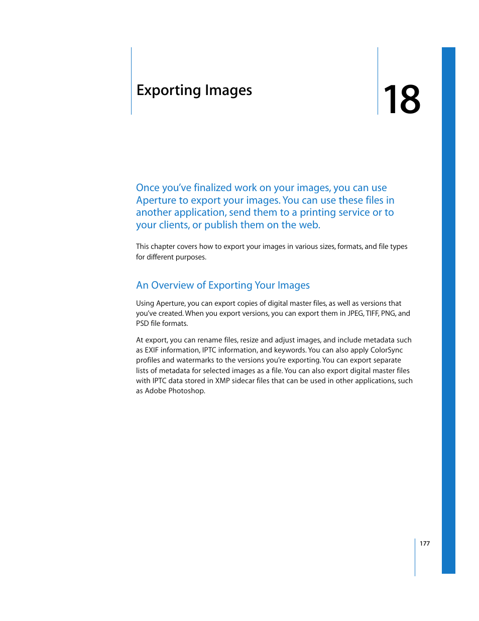 Exporting images, An overview of exporting your images, Chapter 18 | See chapter 18 | Apple Aperture Getting Started User Manual | Page 177 / 222