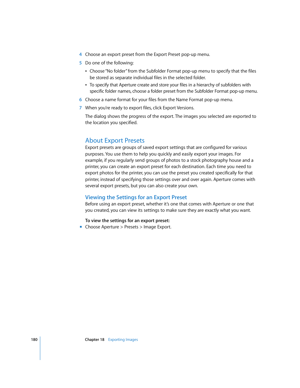 About export presets, Viewing the settings for an export preset | Apple Aperture Getting Started User Manual | Page 180 / 222
