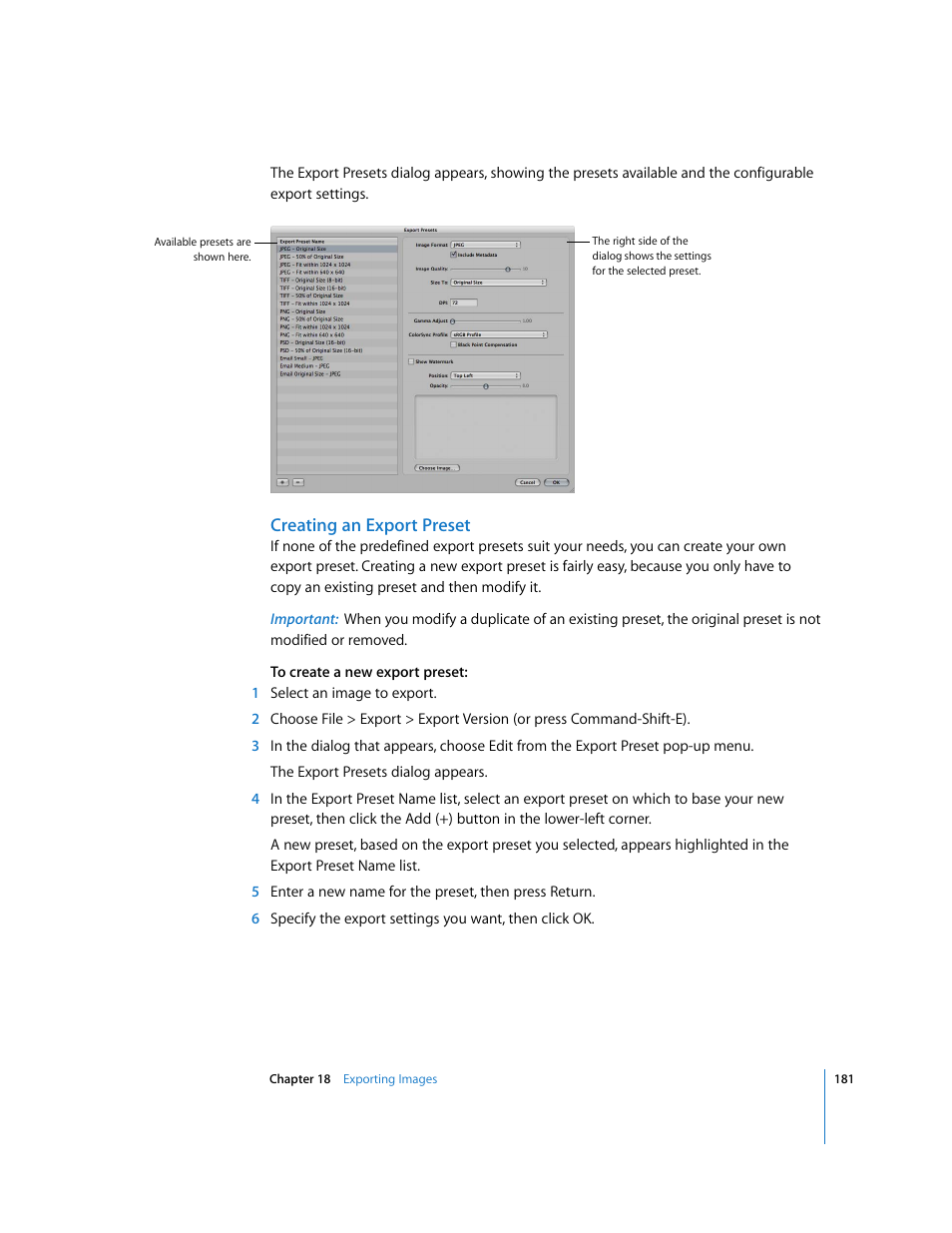 Creating an export preset | Apple Aperture Getting Started User Manual | Page 181 / 222