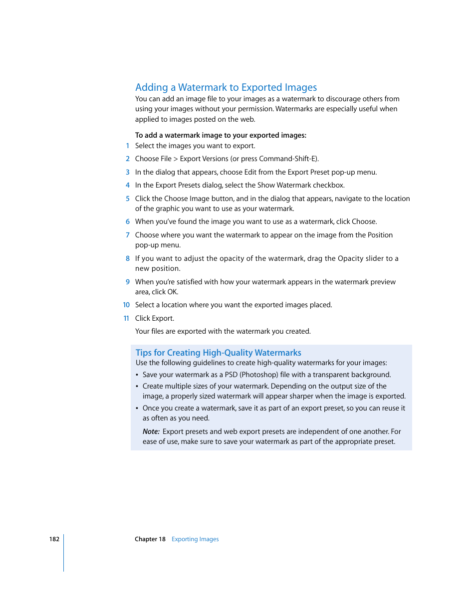 Adding a watermark to exported images, Tips for creating high-quality watermarks | Apple Aperture Getting Started User Manual | Page 182 / 222