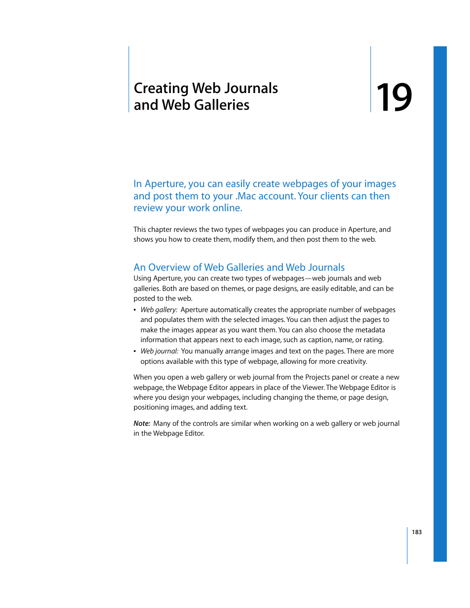 Creating web journals andwebgalleries, An overview of web galleries and web journals, Chapter 19 | Creating web journals and web galleries, See chapter 19, Creating web, Journals and web galleries | Apple Aperture Getting Started User Manual | Page 183 / 222