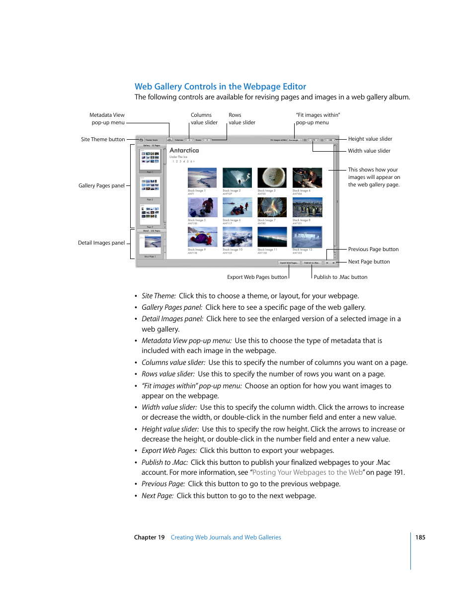 Web gallery controls in the webpage editor | Apple Aperture Getting Started User Manual | Page 185 / 222