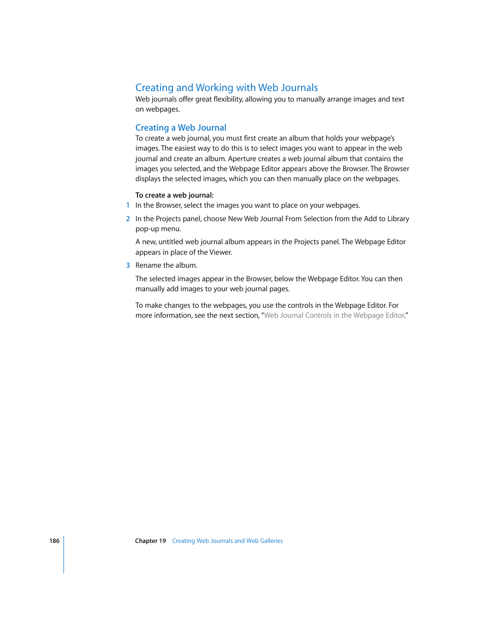Creating and working with web journals, Creating a web journal | Apple Aperture Getting Started User Manual | Page 186 / 222
