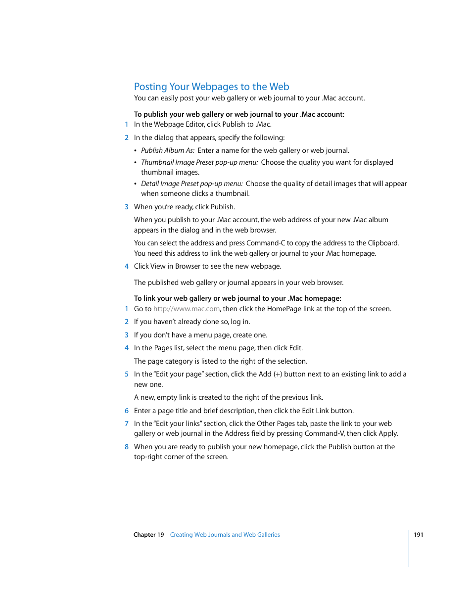 Posting your webpages to the web | Apple Aperture Getting Started User Manual | Page 191 / 222