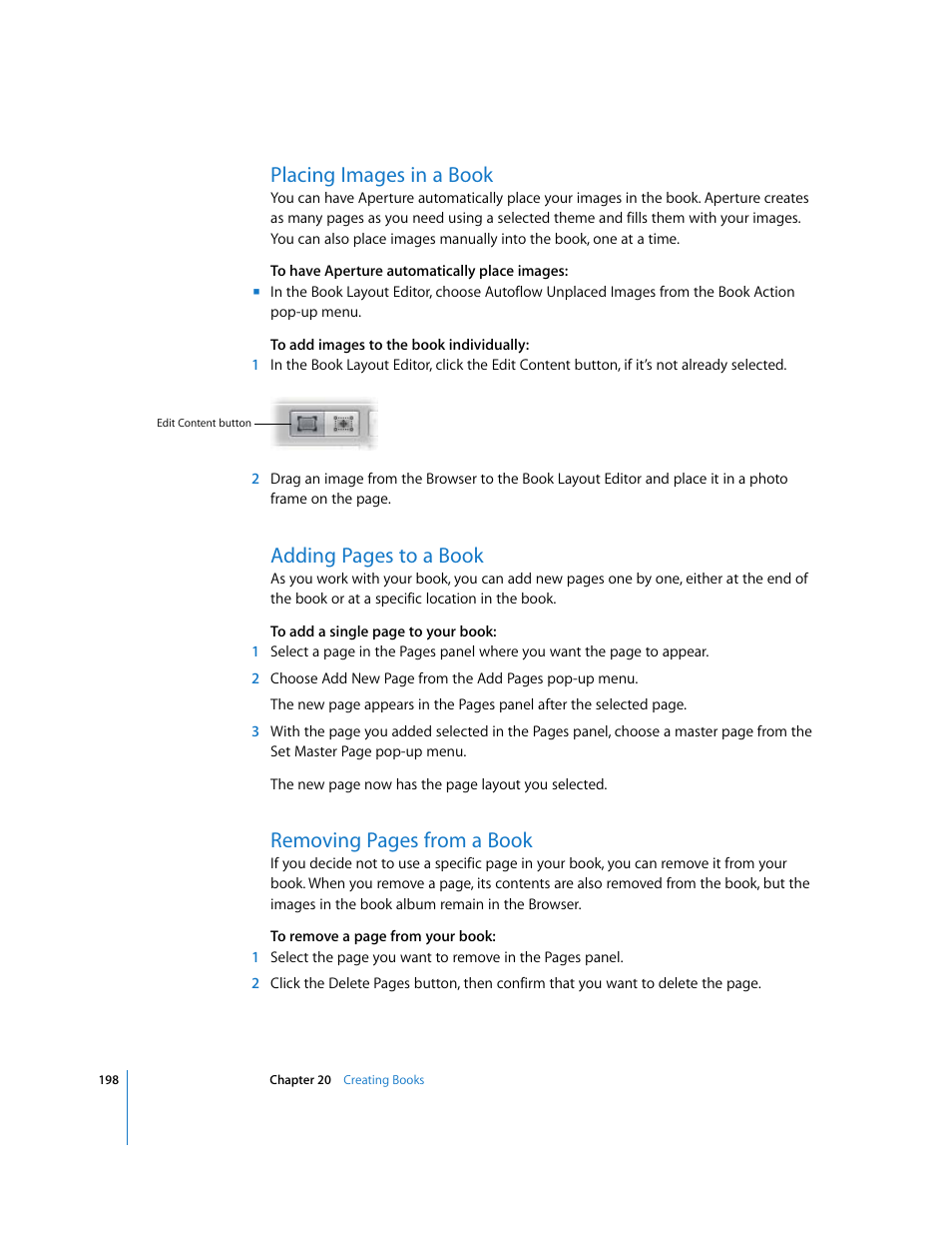 Placing images in a book, Adding pages to a book, Removing pages from a book | Apple Aperture Getting Started User Manual | Page 198 / 222
