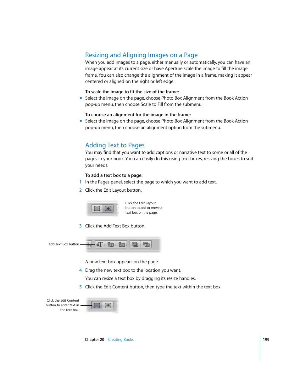 Resizing and aligning images on a page, Adding text to pages | Apple Aperture Getting Started User Manual | Page 199 / 222