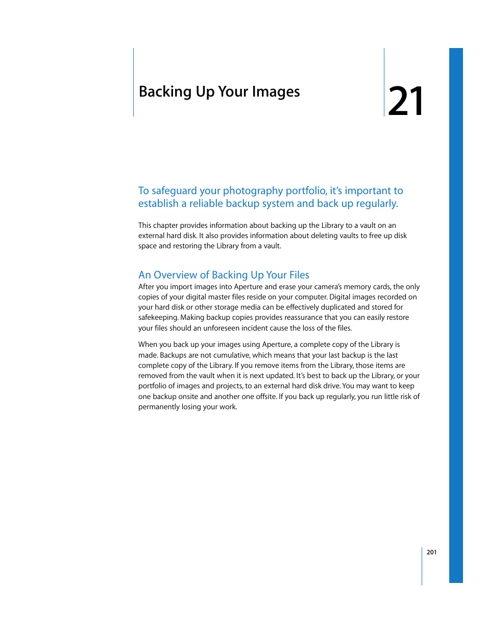 Backing up your images, An overview of backing up your files, Chapter 21 | See chapter 21 | Apple Aperture Getting Started User Manual | Page 201 / 222