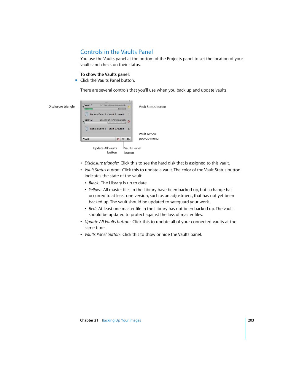 Controls in the vaults panel | Apple Aperture Getting Started User Manual | Page 203 / 222
