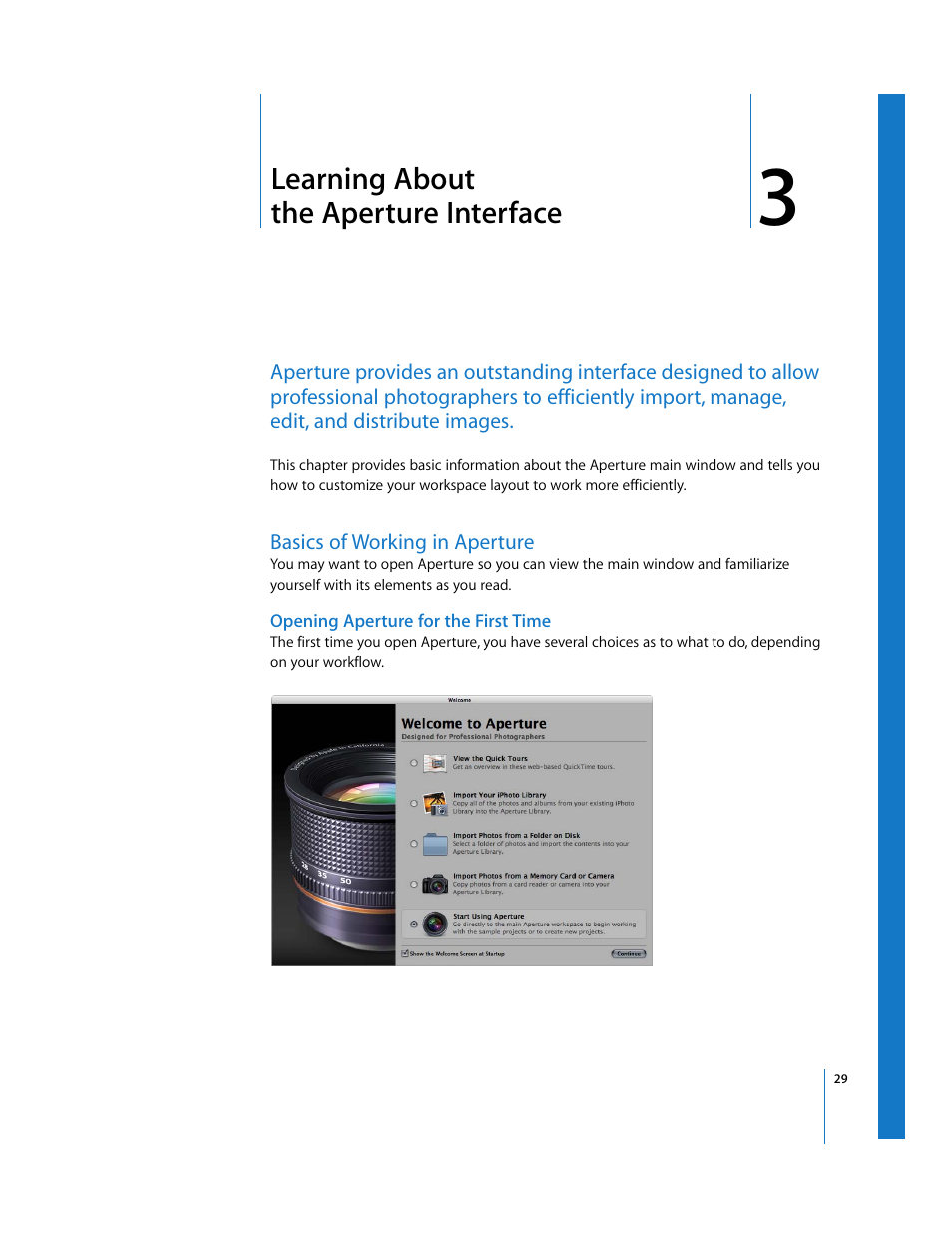 Learning about theapertureinterface, Basics of working in aperture, Opening aperture for the first time | Chapter 3, Learning about the aperture interface | Apple Aperture Getting Started User Manual | Page 29 / 222