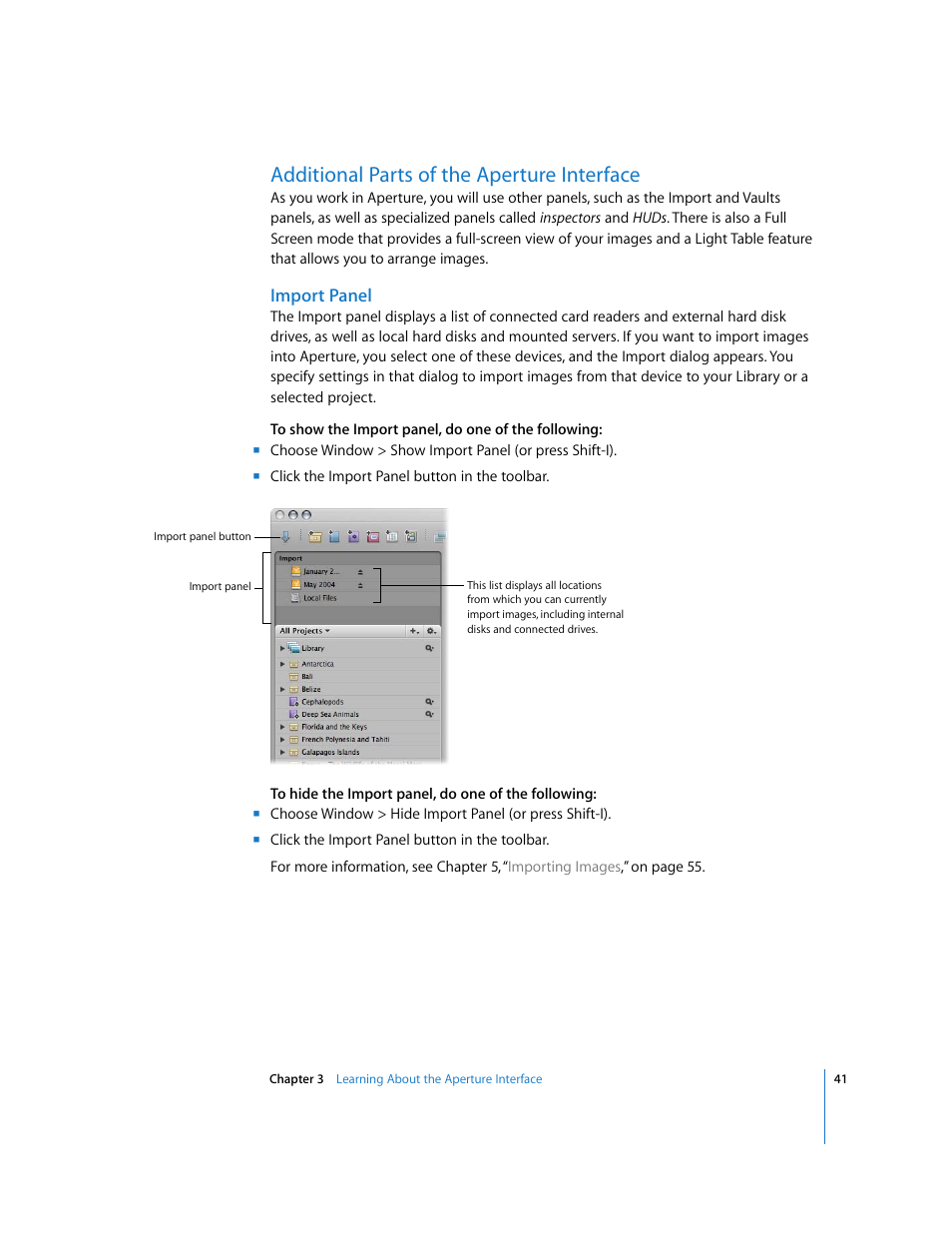Additional parts of the aperture interface, Import panel | Apple Aperture Getting Started User Manual | Page 41 / 222
