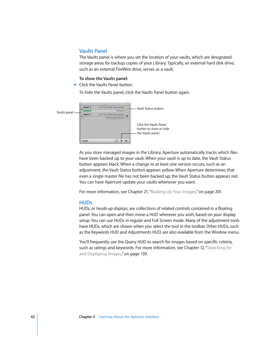 Vaults panel, Huds | Apple Aperture Getting Started User Manual | Page 42 / 222