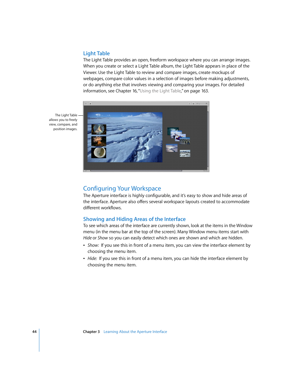 Light table, Configuring your workspace, Showing and hiding areas of the interface | Apple Aperture Getting Started User Manual | Page 44 / 222