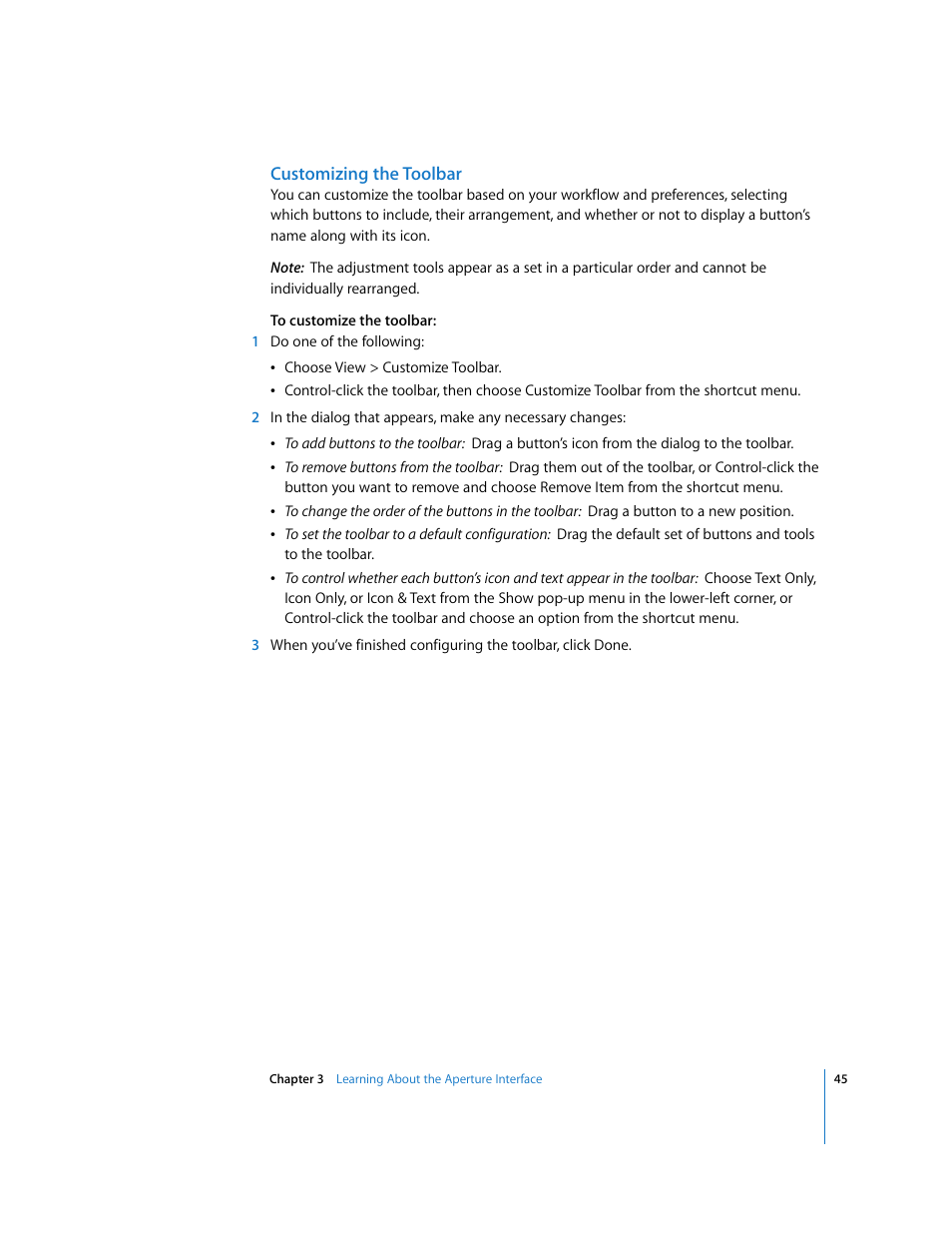 Customizing the toolbar, Customizing the, Toolbar | Apple Aperture Getting Started User Manual | Page 45 / 222