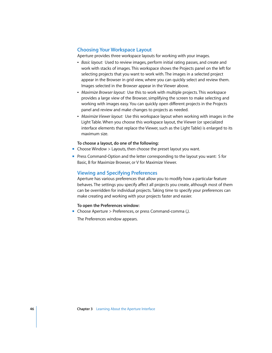 Choosing your workspace layout, Viewing and specifying preferences | Apple Aperture Getting Started User Manual | Page 46 / 222