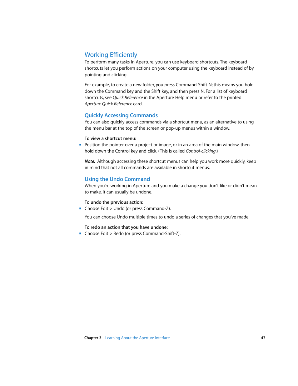 Working efficiently, Quickly accessing commands, Using the undo command | Apple Aperture Getting Started User Manual | Page 47 / 222