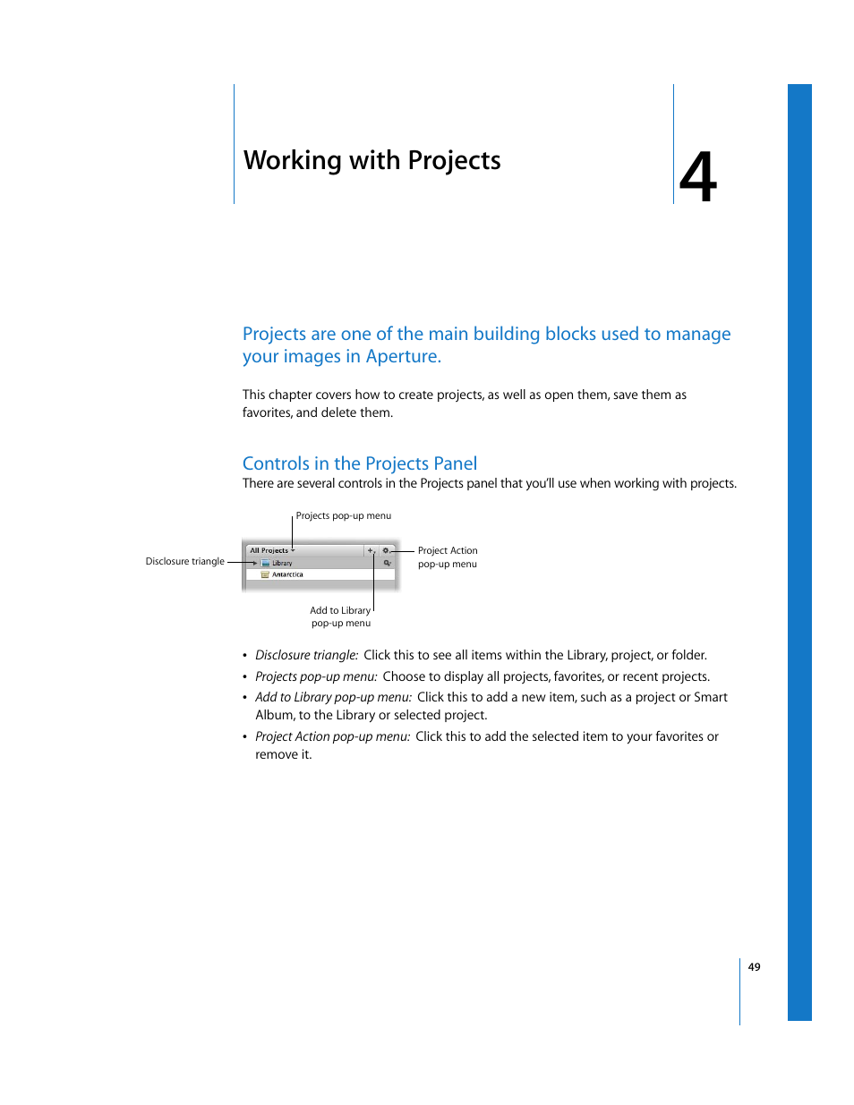 Working with projects, Controls in the projects panel, Chapter 4 | See chapter 4 | Apple Aperture Getting Started User Manual | Page 49 / 222