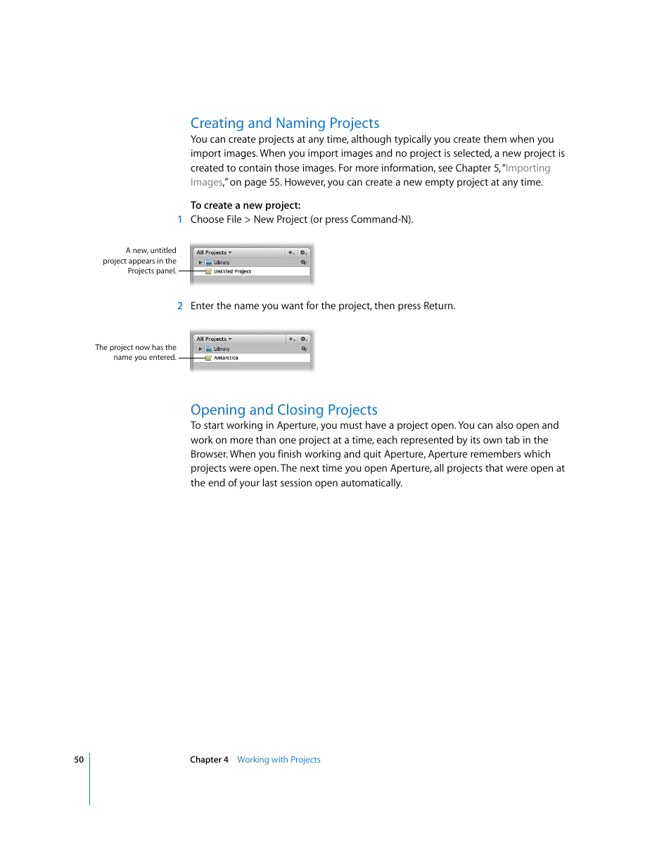 Creating and naming projects, Opening and closing projects | Apple Aperture Getting Started User Manual | Page 50 / 222