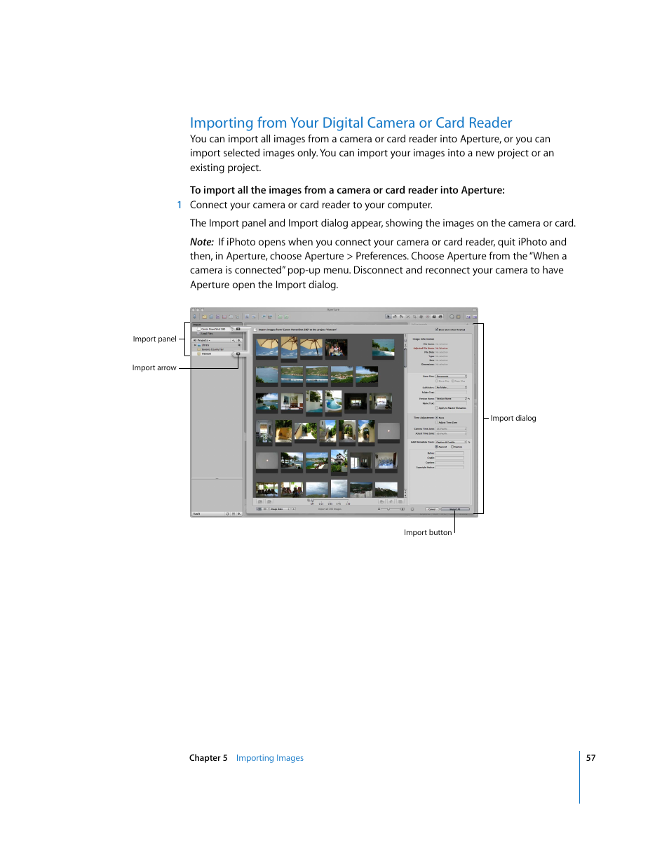 Importing from your digital camera or card reader | Apple Aperture Getting Started User Manual | Page 57 / 222