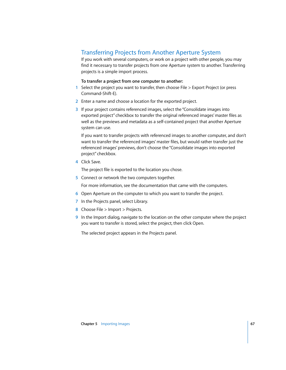 Transferring projects from another aperture system, Transferring, Projects from another aperture system | Apple Aperture Getting Started User Manual | Page 67 / 222
