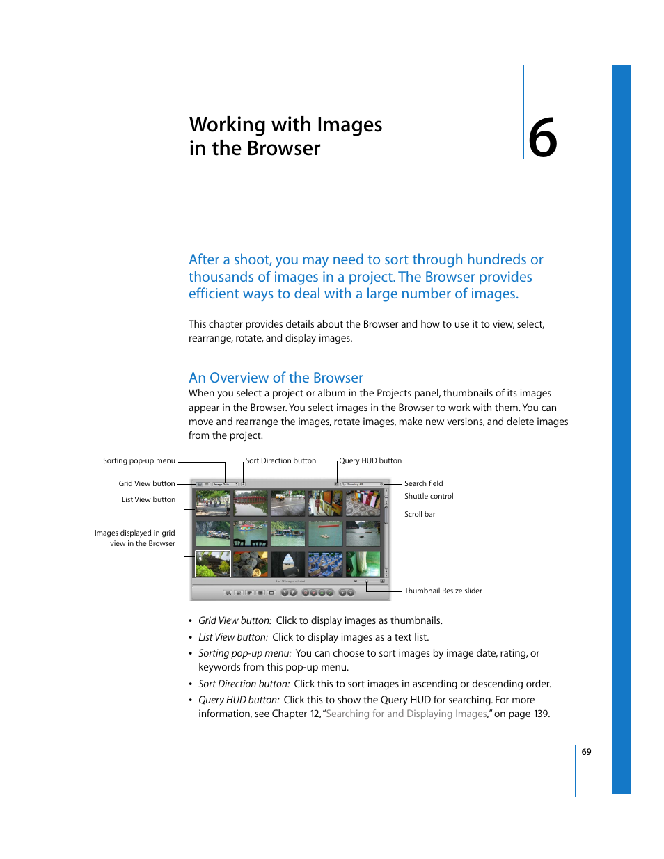 Working with images inthebrowser, An overview of the browser, Chapter 6 | Working with images in the browser, See chapter 6 | Apple Aperture Getting Started User Manual | Page 69 / 222