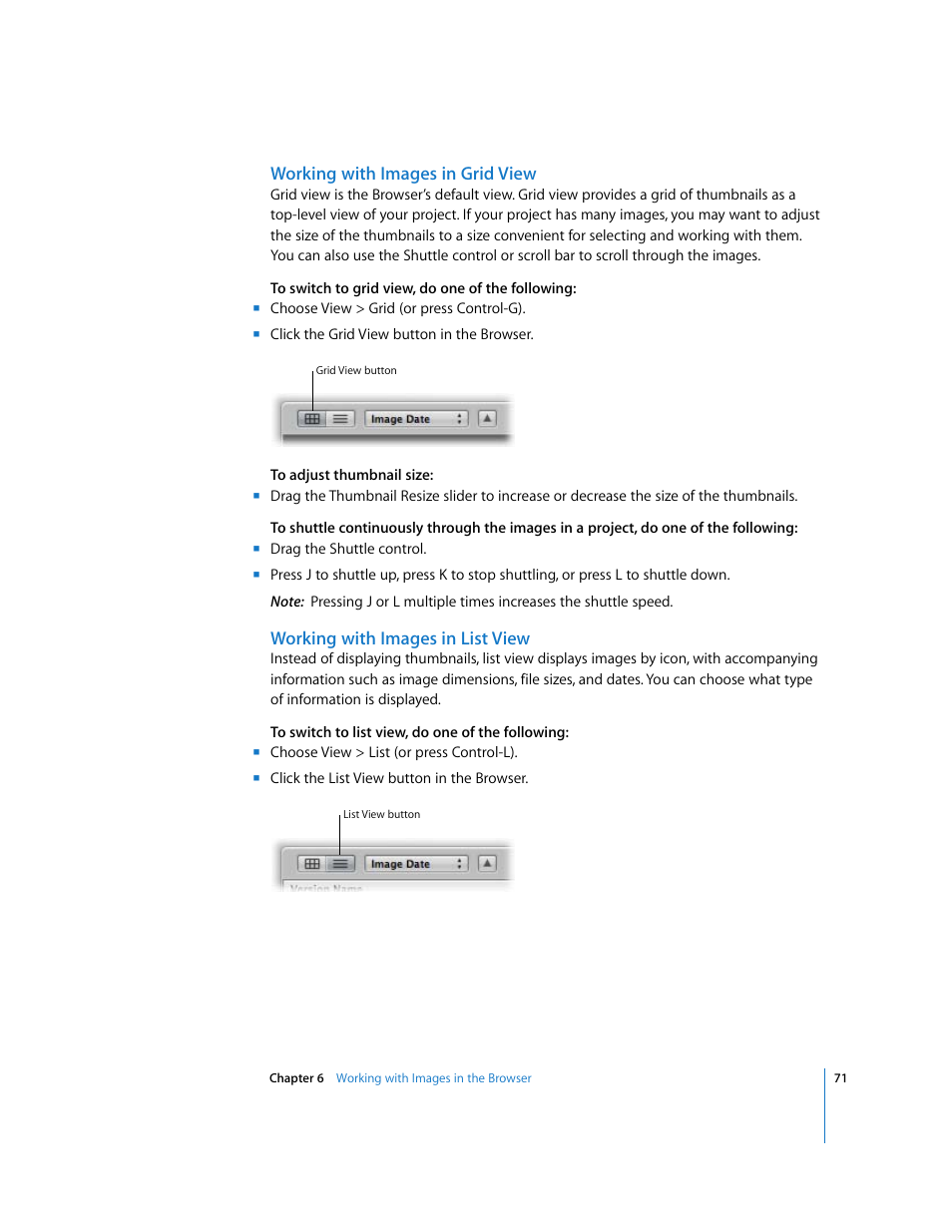 Working with images in grid view, Working with images in list view | Apple Aperture Getting Started User Manual | Page 71 / 222