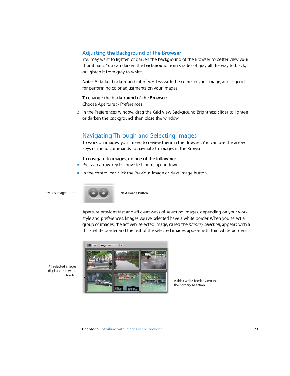 Adjusting the background of the browser, Navigating through and selecting images | Apple Aperture Getting Started User Manual | Page 73 / 222