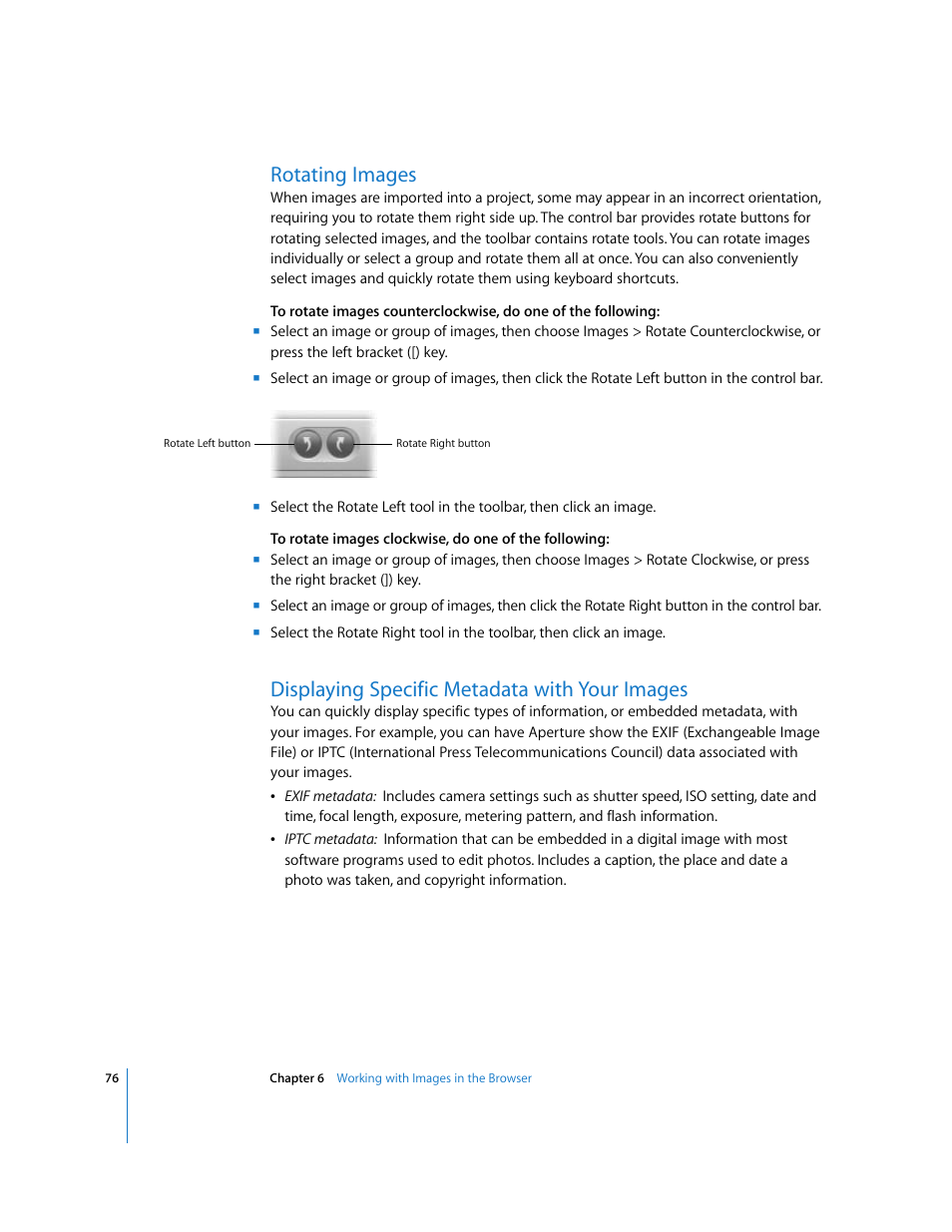 Rotating images, Displaying specific metadata with your images | Apple Aperture Getting Started User Manual | Page 76 / 222