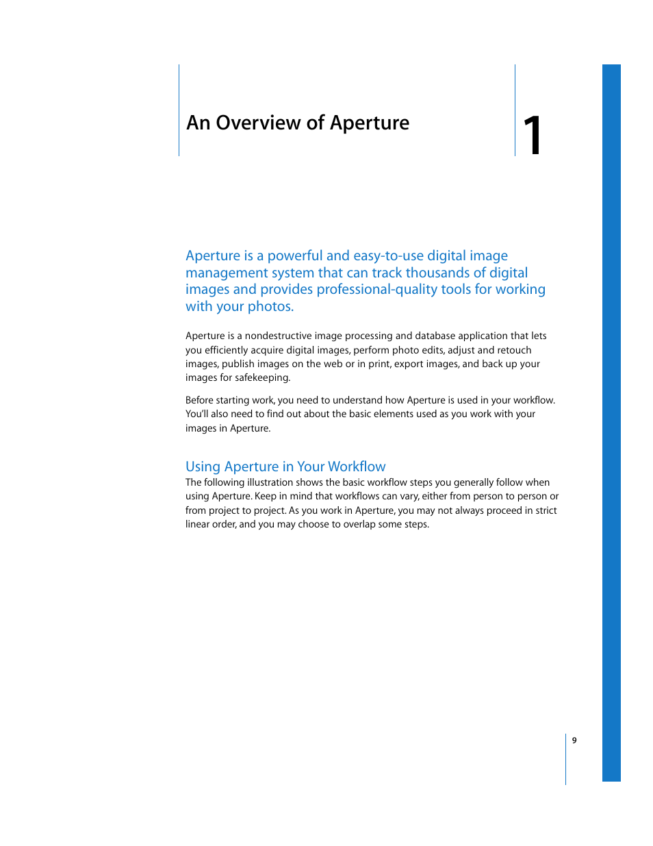 An overview ofaperture, Using aperture in your workflow, Chapter 1 | An overview of aperture | Apple Aperture Getting Started User Manual | Page 9 / 222