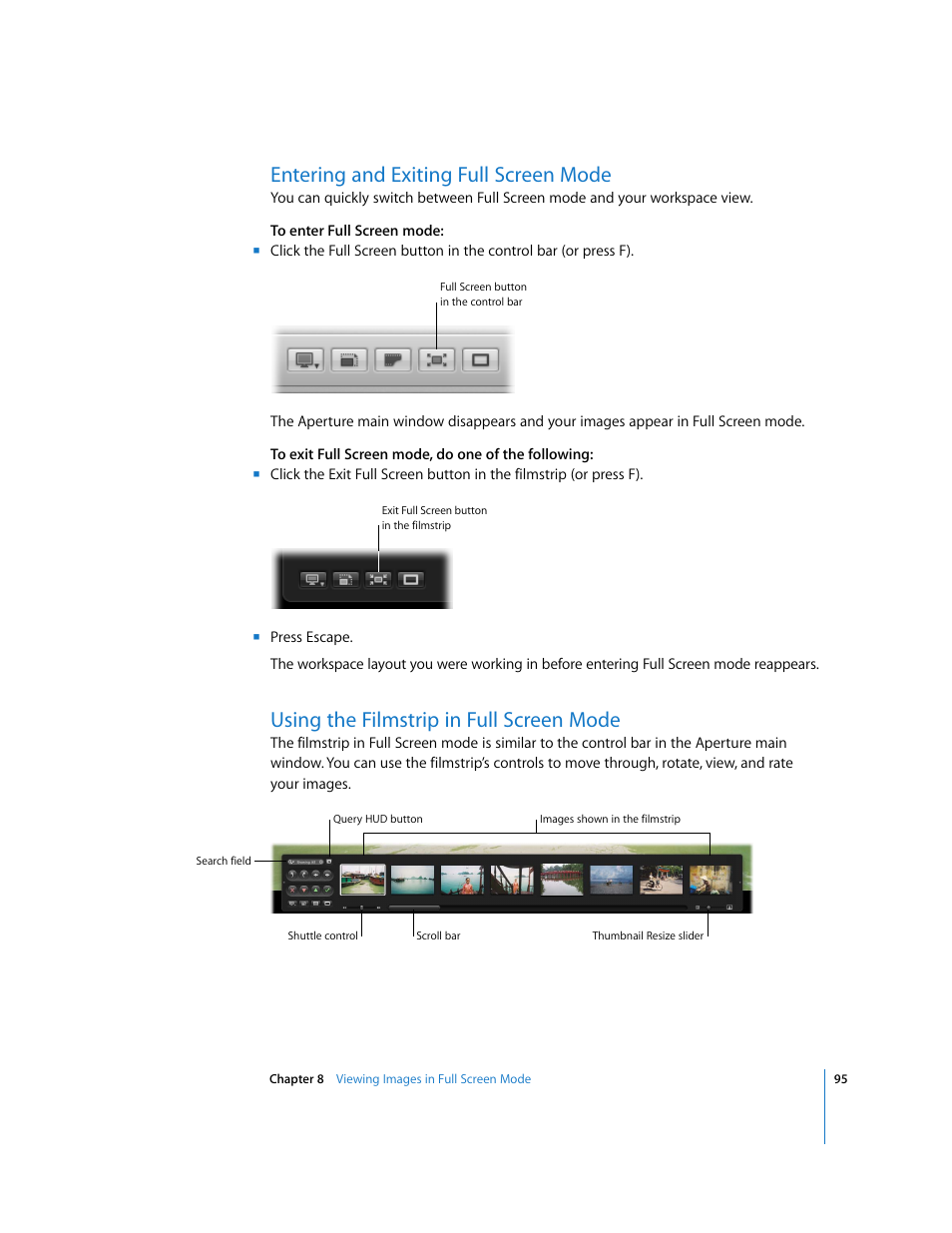 Entering and exiting full screen mode, Using the filmstrip in full screen mode | Apple Aperture Getting Started User Manual | Page 95 / 222