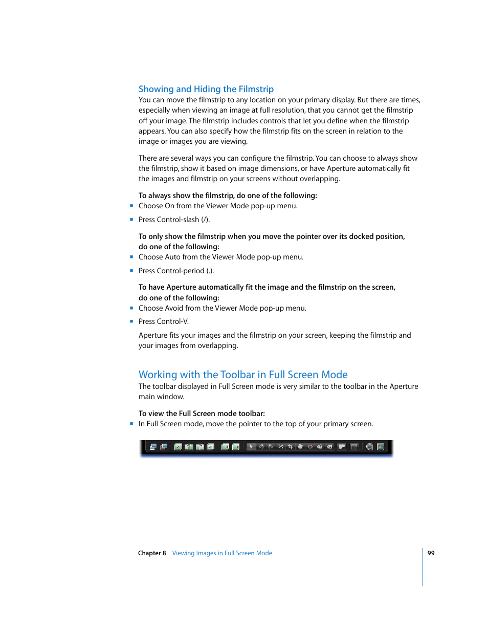 Showing and hiding the filmstrip, Working with the toolbar in full screen mode | Apple Aperture Getting Started User Manual | Page 99 / 222