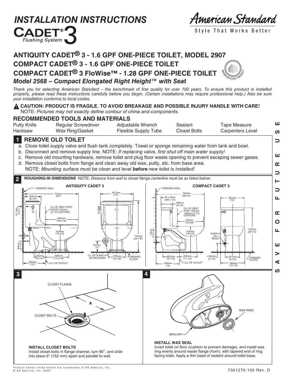 American Standard CADET 2568 User Manual | 4 pages