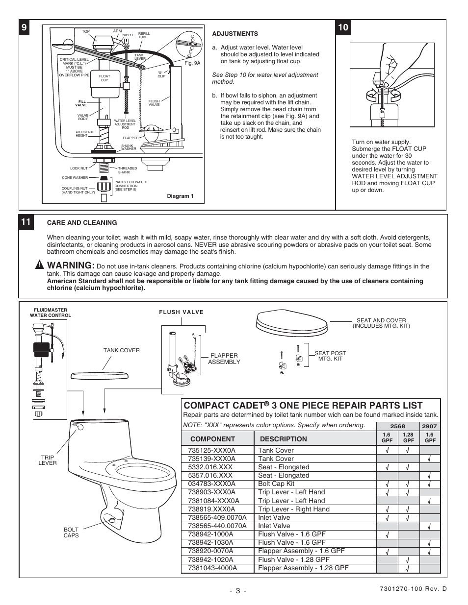 Warning, Compact cadet, 3 one piece repair parts list | Description component | American Standard CADET 2568 User Manual | Page 3 / 4