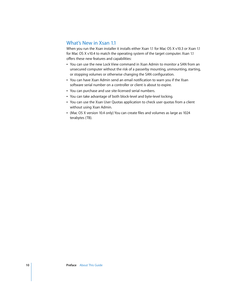 What’s new in xsan 1.1 | Apple Xsan 1.1 User Manual | Page 10 / 134