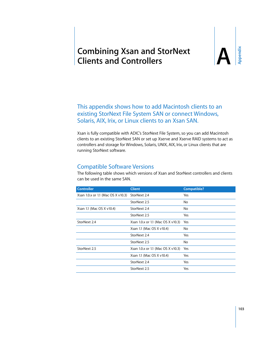 Compatible software versions, Appendix a | Apple Xsan 1.1 User Manual | Page 103 / 134